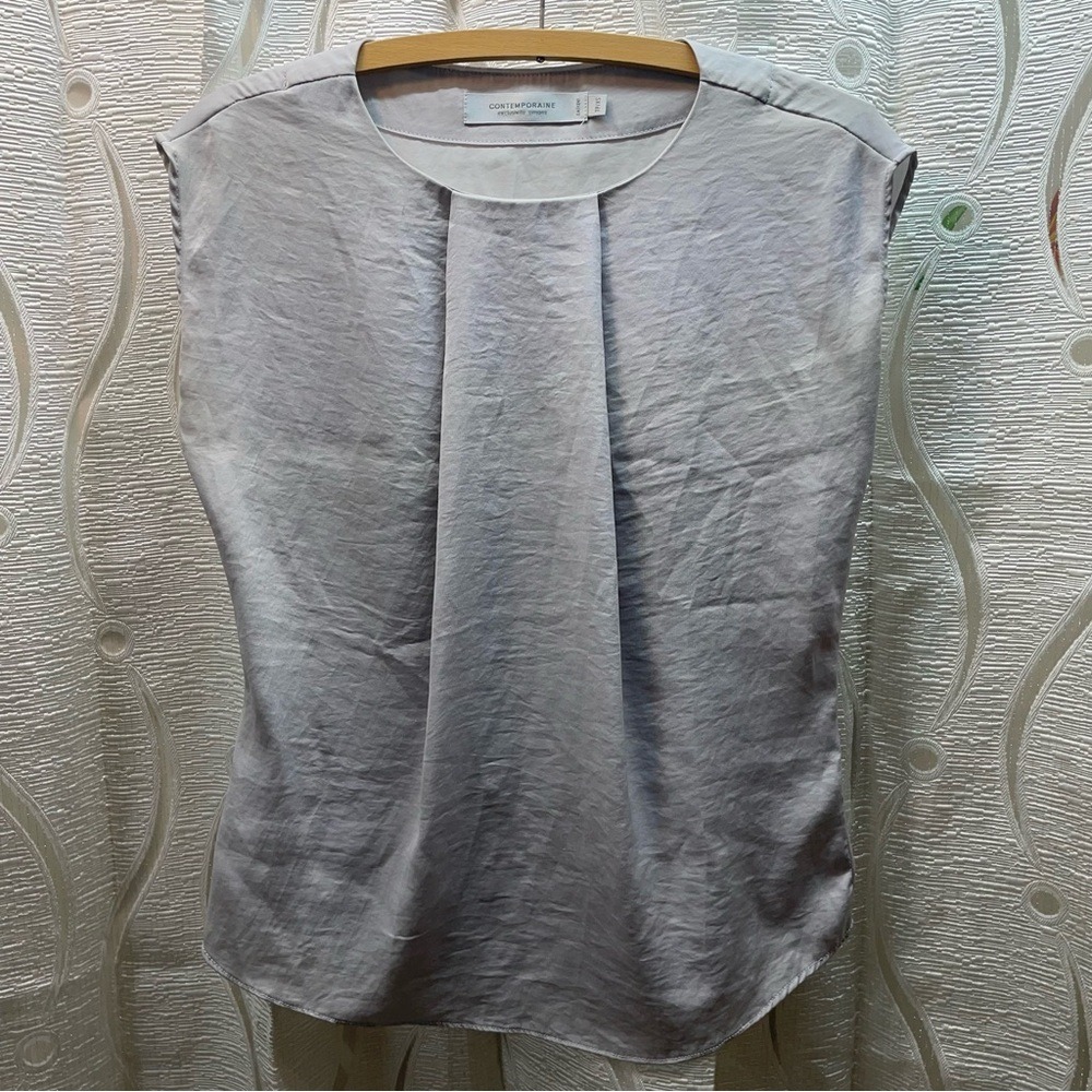 CONTEMPORAIINE Womens Grey Cap Sleeve Pleated Front Top Tunic XS
